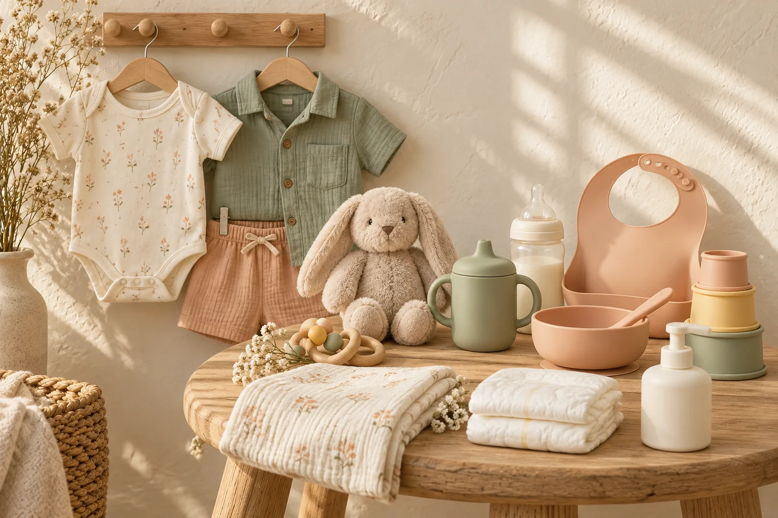 Illustrative baby and toddler essentials in soft, welcoming colours